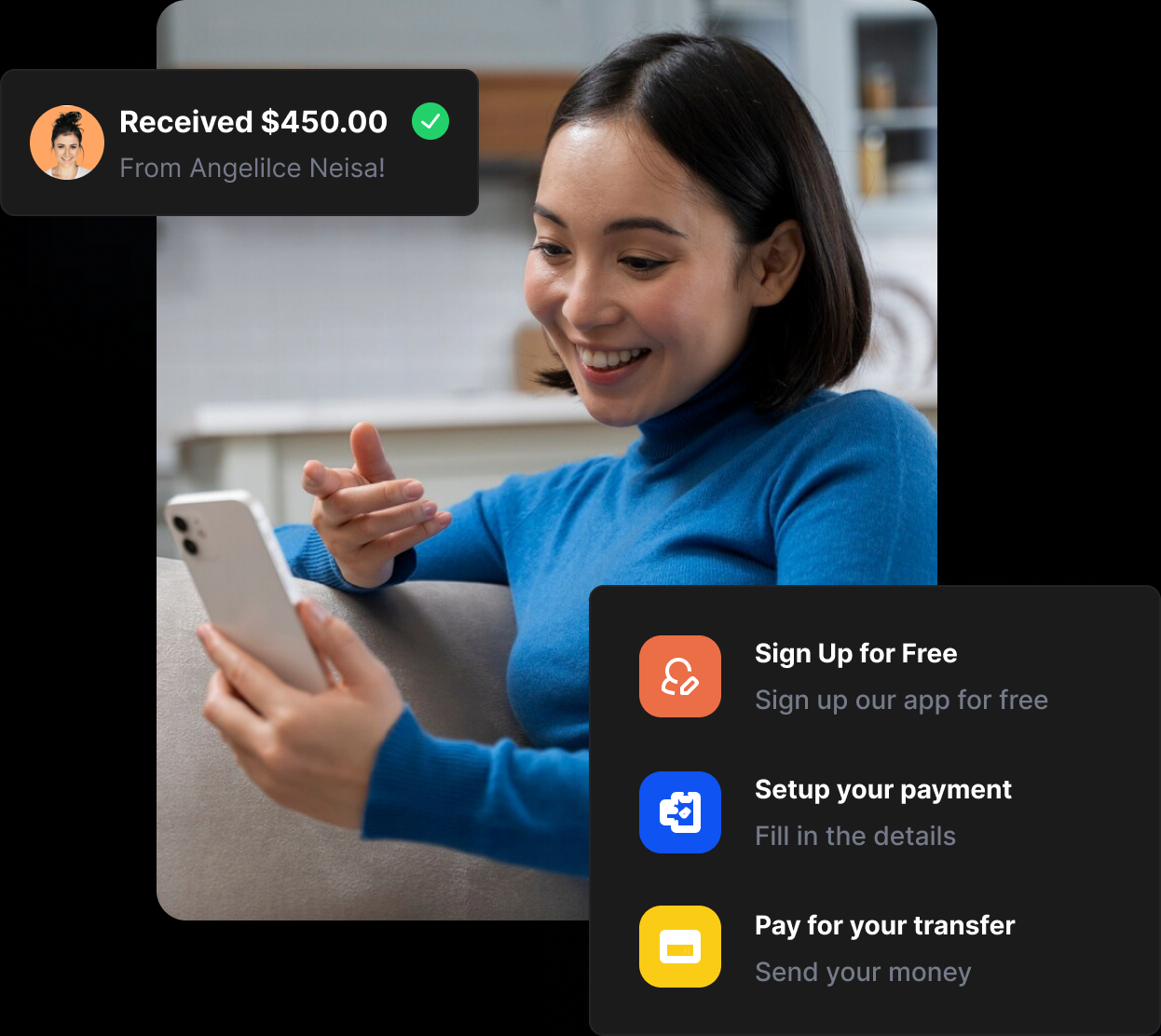 Mobile payment app interface beside a woman using her phone