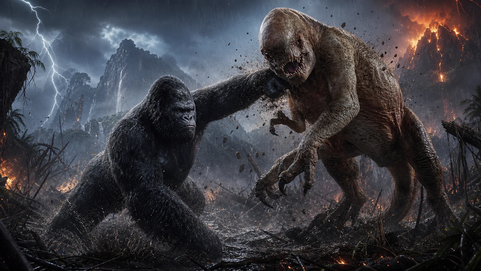 A giant gorilla faces a humanoid lizard monster in a volcanic rainstorm