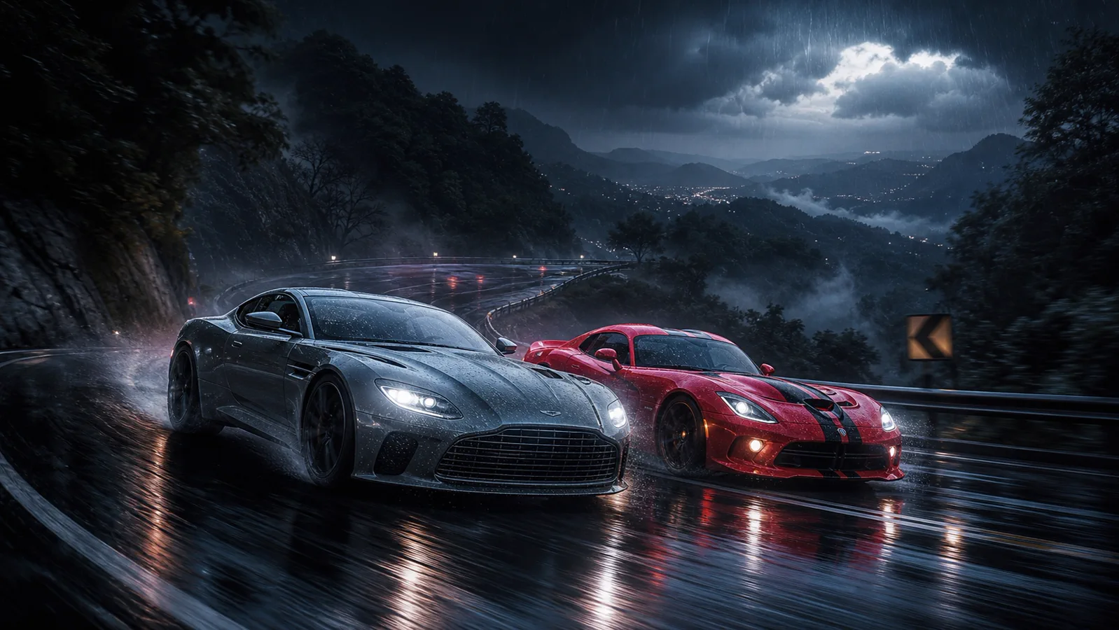 Black and red sports cars drive side by side on a rain-soaked mountain road at night